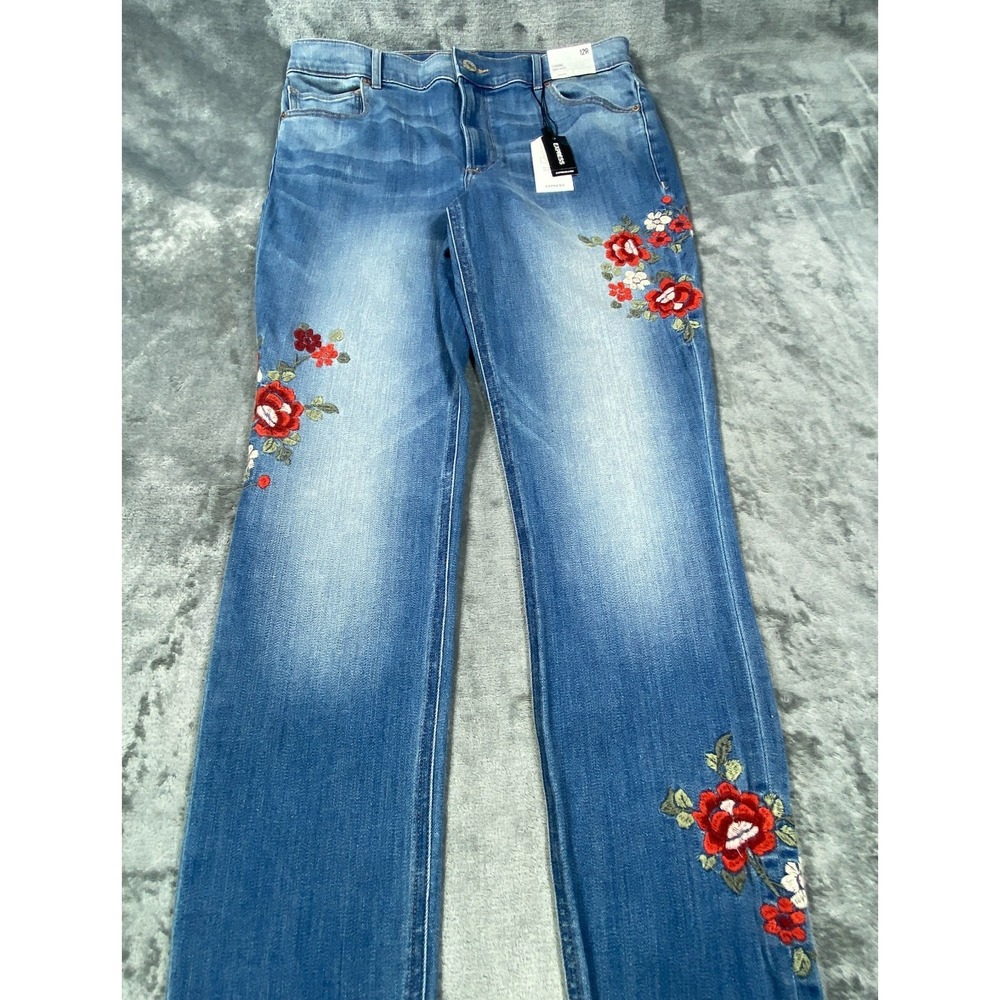 New EXPRESS Denim Leggings Womens 12 R High Rise Blue Floral Embroidery Jeans